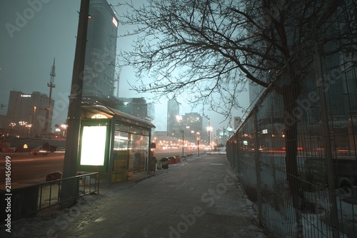 Gloomy city street scene with blurred lights and bare trees.