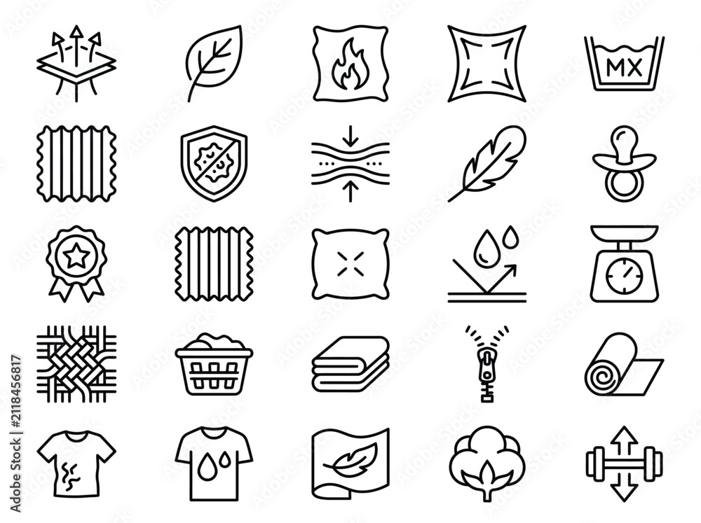 Fototapeta premium Modern Textile Properties and Garment Care Outline Icon Collection