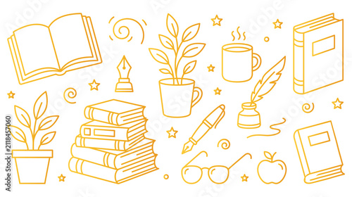 Set of reading and writing items with books, plants, and stationery in line art style.