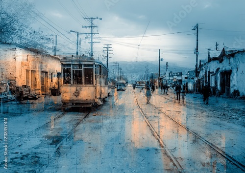 Vintage Tram on Wet Street - A Glimpse into Urban History.