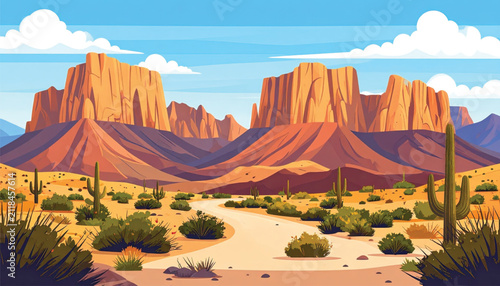 Vibrant Desert Landscape Illustration with Saguaro Cacti and Rock Formations under a Colorful Sky