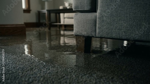 Water damage flooding on residential carpet flooring.