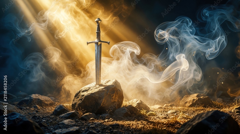 Fototapeta premium Silver sword stuck inside heavy rock. Ancient steel blade embedded in stone with golden light rays. Fantasy weapon symbol of magic power strength, courage. Dark mysterious atmosphere with thick smoke
