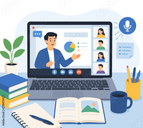 Webinar Class Presenter on Laptop with Online Training Audience Vector Illustration