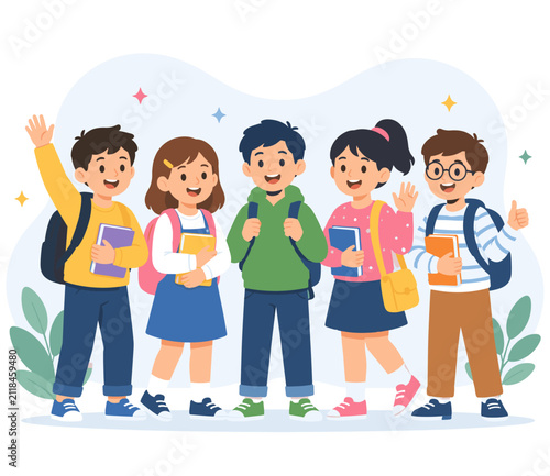 Cheerful School Children Group with Backpacks and Books Vector Illustration