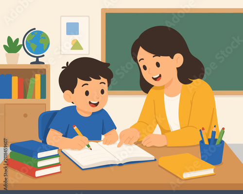 Teacher Helping Student Study at Classroom Desk Vector Illustration