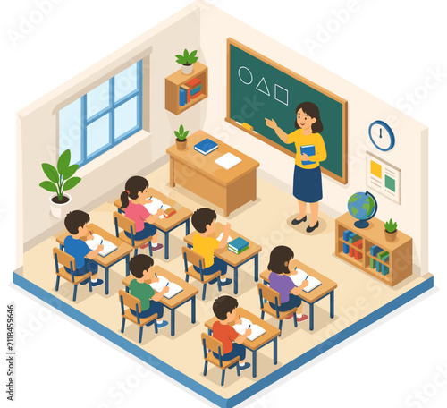 Isometric School Classroom with Teacher and Students Learning Vector Illustration