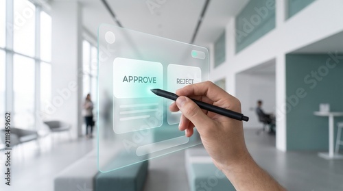 Hand using stylus on digital interface. User selecting approve button on holographic screen.