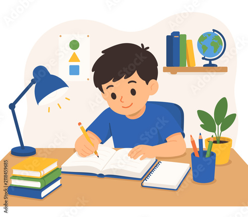 Child Studying at Desk with Books Lamp and School Supplies Vector Illustration