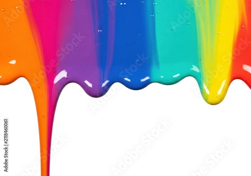 Vibrant Rainbow Paint Drips Flowing Down on White Background - Abstract Colorful Liquid Art for Creative Design Projects