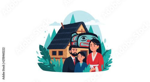 Vibrant Jungle Scene with Traditional Hut and Lush Greenery - Flat Design Illustration