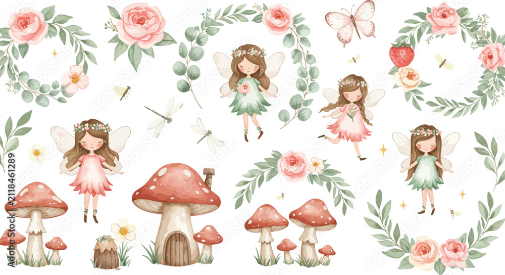 Fototapeta premium A collection of watercolor illustrations featuring cute forest fairies surrounded by floral wreaths and magical mushrooms on a clean white background design