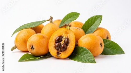 Fresh loquat fruit cluster with leaves isolated on white background