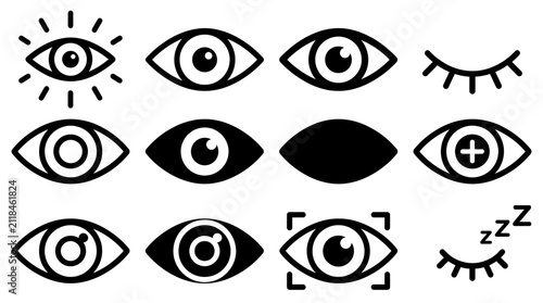 Photography A collection of twelve distinct black and white eye icons representing various states and functions
