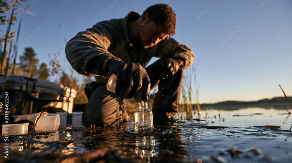 Fototapeta premium Researcher Collecting a Sterile Lake Water Sample