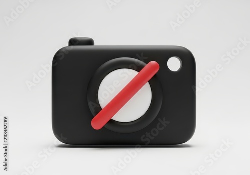 3D Render of a No Photography Allowed Icon, Black Camera with Red Strike Through Symbol on White Background
