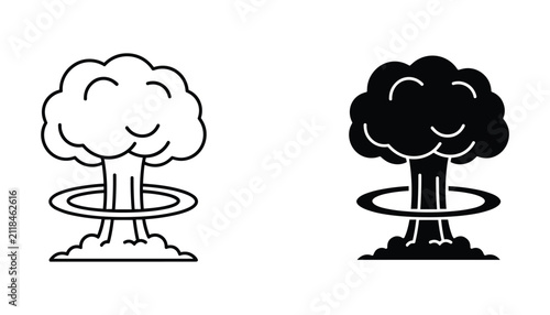 Quadro su tela Nuclear explosion mushroom cloud icon set featuring outline and solid black flat