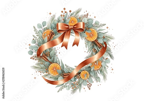 Festive Watercolor Christmas Wreath with Dried Oranges Cinnamon and Rose Gold Ribbon