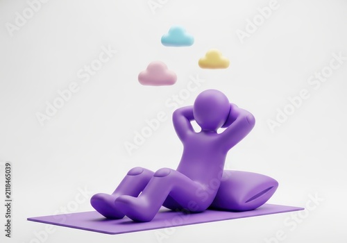 3D Purple Character Relaxing on a Mat with Colorful Clouds Above, Concept of Daydreaming and Mental Wellness