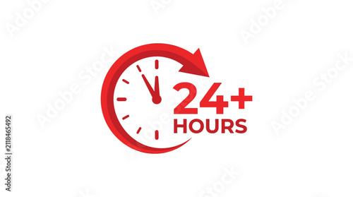 A 24-plus-hour icon with clock and circular arrow in red for nonstop service and availability symbol