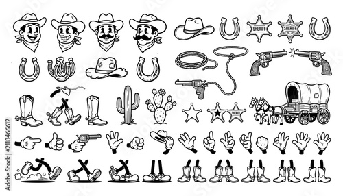 Western Cowboy Sticker Set with Vintage Cartoon Style Icons and Elements
