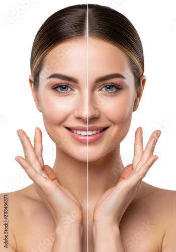 Extreme close-up beauty portrait of a smiling caucasian woman, 30s, split facial dichotomy showing perfected vs. natural skin texture on high-key gray background. Concept of anti-aging efficacy