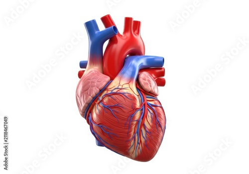 Detailed 3D Anatomical Model of a Human Heart with Arteries and Veins Isolated on White Background