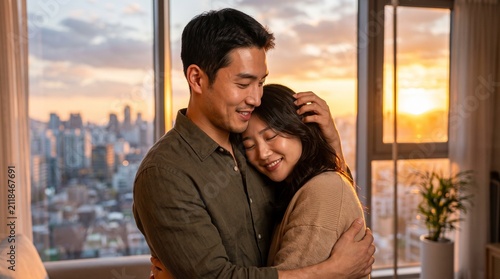 Couple embraces affectionately in a modern high-rise apartment while watching the sunset over the city skyline.