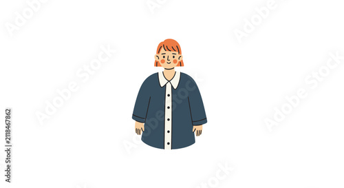 Friendly person with orange hair wearing a blue jacket