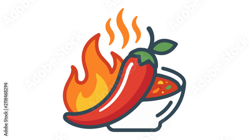 Spicy Chili Pepper With Hot Sauce and Flame Icon Hot Sauce Bowl, Heat and Flavor, Bright vector illustration of a red chili pepper resting on a steaming bowl of hot sauce with flames