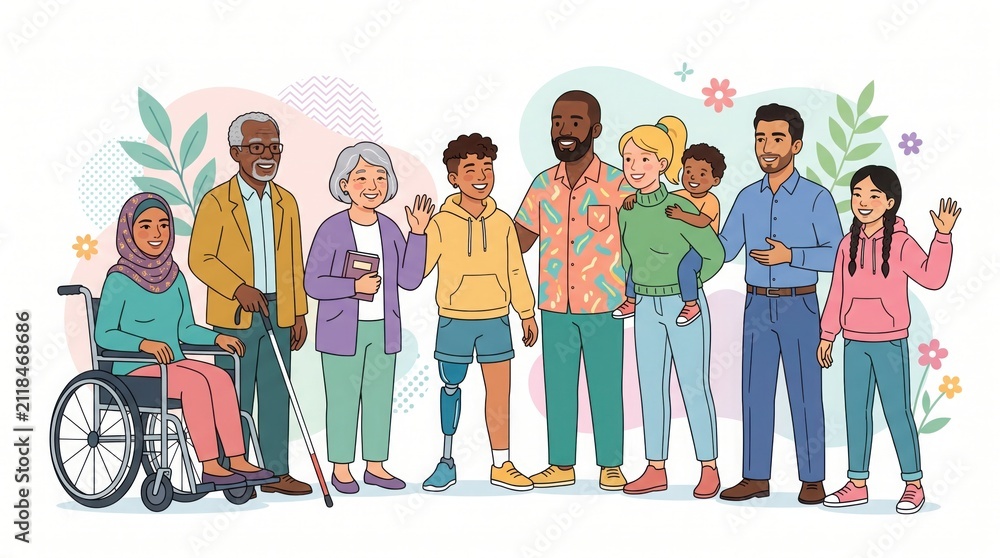 Obraz premium Group of senior and young diverse people with disabilities standing together celebrating inclusion community vector illustration