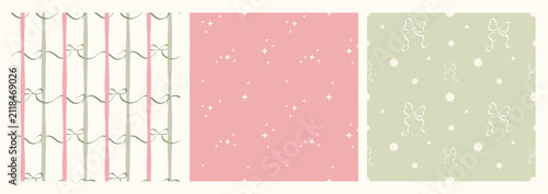 Set of three vintage seamless vector patterns with pink and sage stripes, hand-drawn ribbon bows, cream stars and polka dots in a soft pastel palette.