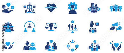 Corporate social responsibility duotone icon set. Symbol of human rights, community care, equality, charity, sustainability, ESG, diversity, inclusion and civil support.