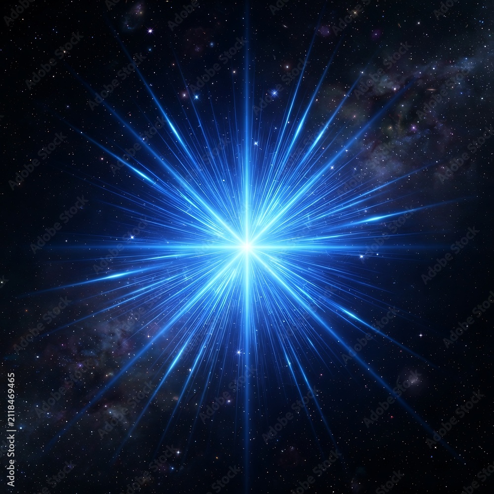 Fototapeta premium Bright blue star explosion in deep space. Cosmic supernova burst with glowing light rays.