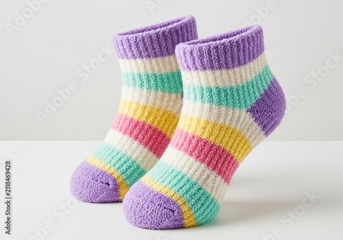 Soft and Warm Multi-Colored Striped Fuzzy Socks Isolated on White Background for Winter Fashion