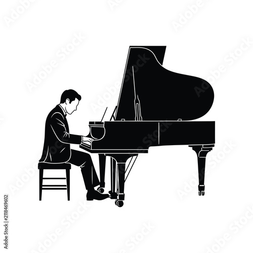 Принти на полотні Musician in tuxedo plays grand piano with motion blur during concert performance