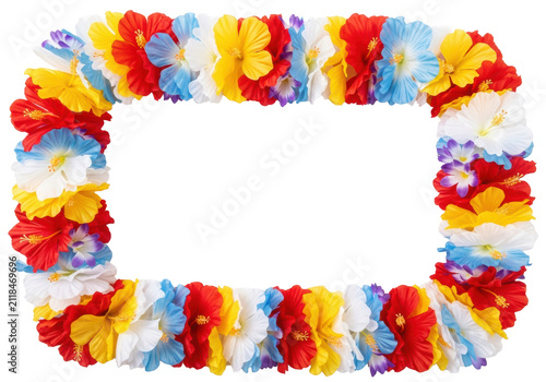 ultra-realistic, shadowless flat lay of a continuous frame composed of synthetic red and yellow hibiscus flowers on a transparent background. tropical vacation and party concept