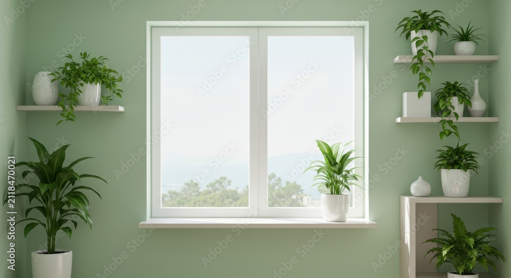 Fototapeta premium Modern Living Space with Large Window Filled with Lush Green Houseplants and Fresh Interior Styling