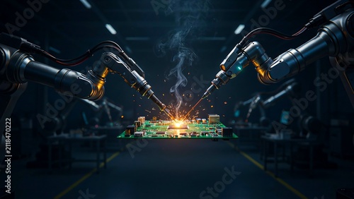 Industrial robotic arms welding metal with sparks in automated manufacturing factory