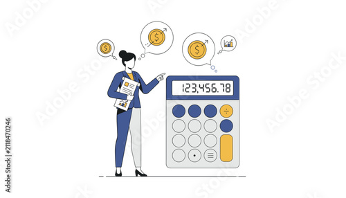 Female accountant holding financial reports and pointing at a large calculator with floating money thought bubbles.
