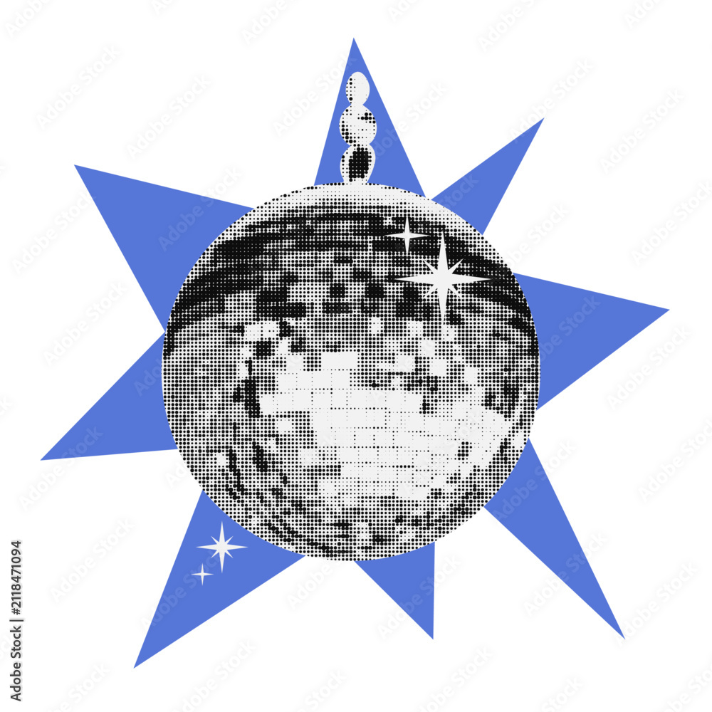 Obraz premium Retro disco ball with halftone texture overlay and blue starburst. Vintage mirror ball collage element for party, music festival, nightclub, dance event, poster, banner and celebration design. Vector