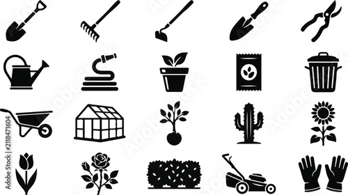 фотографія Set of black and white gardening icons featuring tools plants flowers and equipm