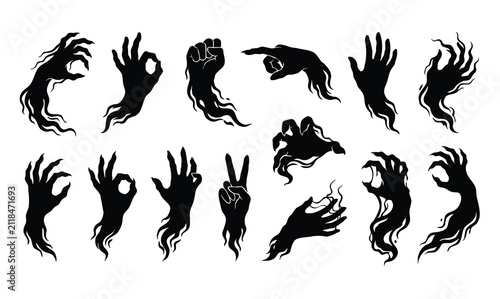 Spooky ghost hands and monster claws silhouettes set for Halloween vector illustration