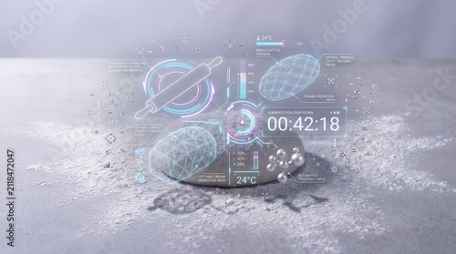 Futuristic baking data visualization with rolling pin and dough lattice telemetry on concrete countertop
