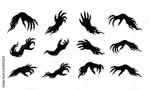 Spooky ghost hands and monster claws silhouettes set for Halloween vector illustration