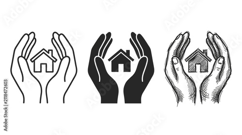 Cupped hands sheltering a house icon, illustrated in three styles: outline, solid fill, and sketchy hand-drawn