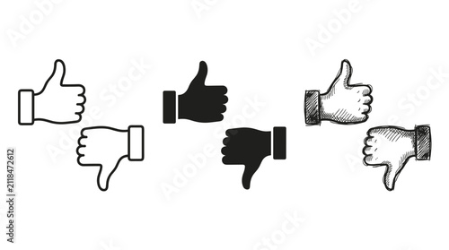 фотографія Thumbs up and thumbs down gestures, depicted in outline, solid fill, and sketchy