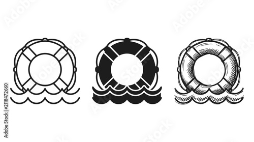 Three Stylized Lifebuoy Ring Icons on Ocean Waves