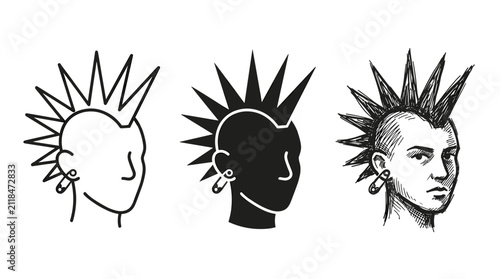 Foto Punk rocker portrait with mohawk and piercing in three styles: line art, silhoue