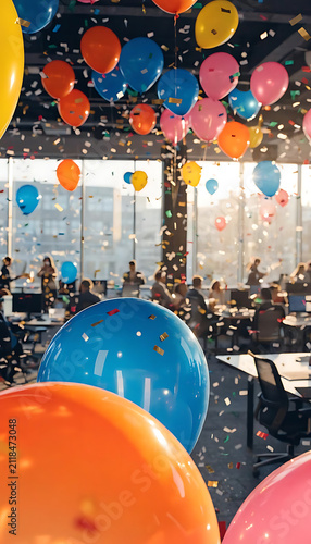 Office party celebration with colorful balloons and confetti in a modern workplace